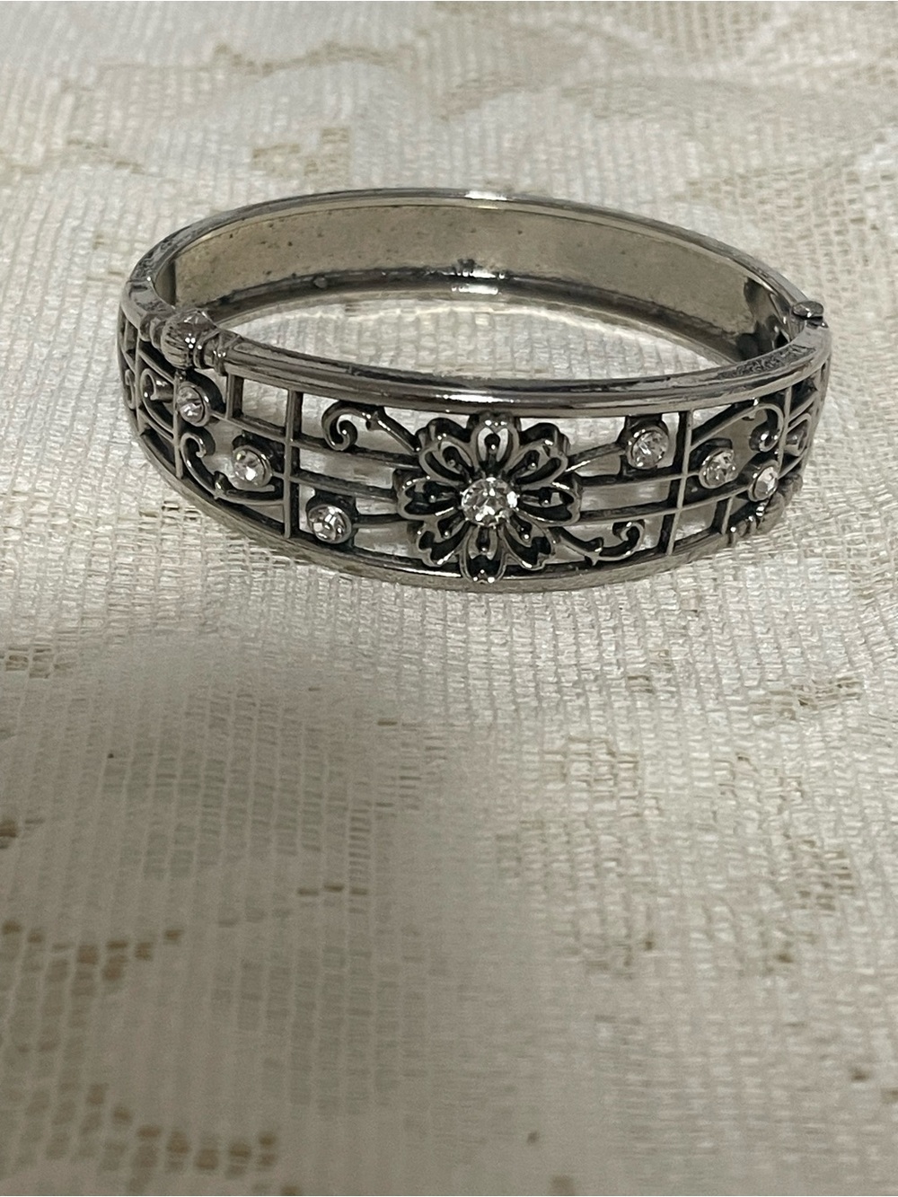 Silver-Tone Floral Filigree Bangle Bracelet with Crystal Accents